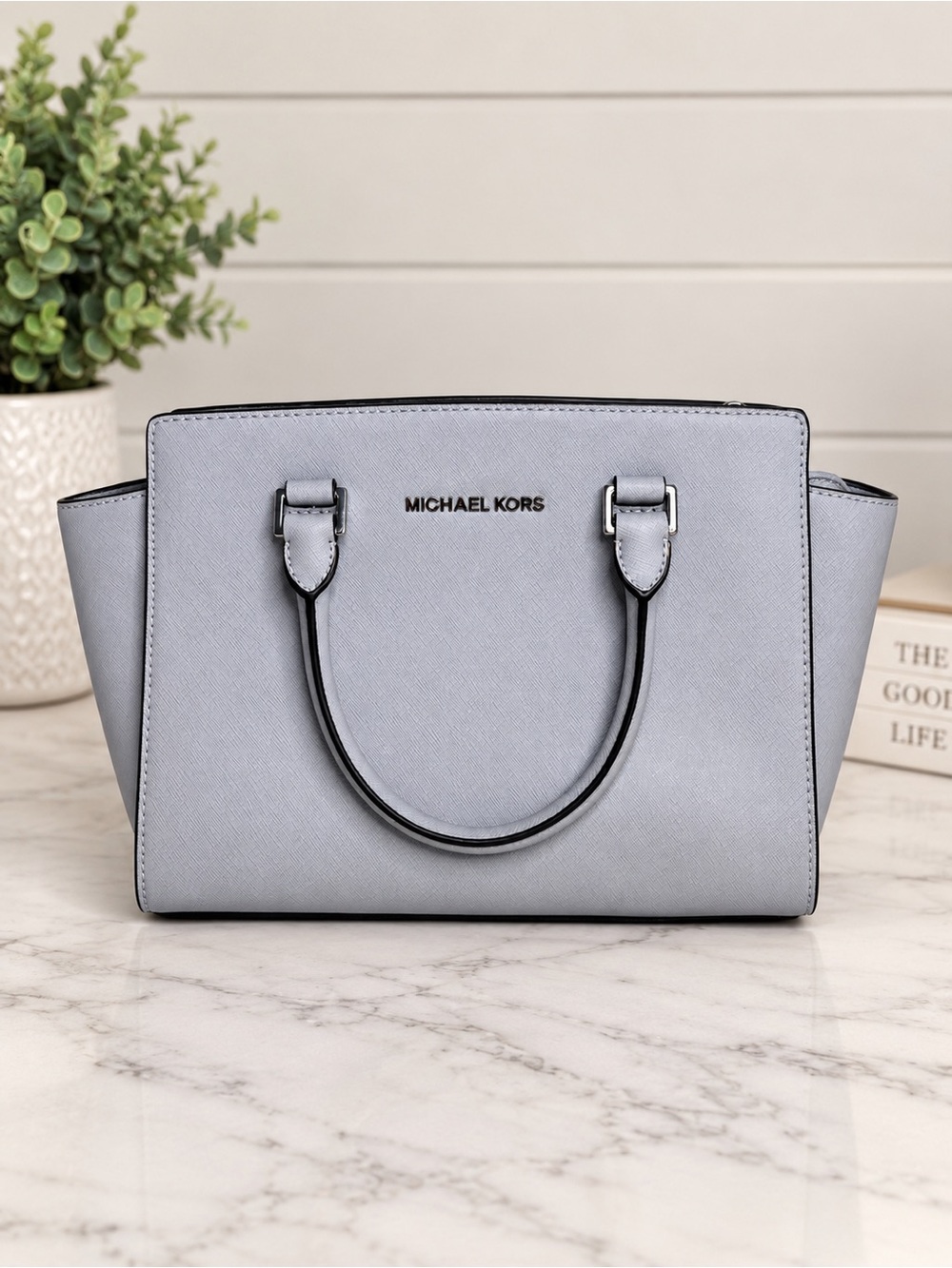 Michael Kors Selma Medium Satchel Pearl Grey Saffiano Leather Discontinued EUC